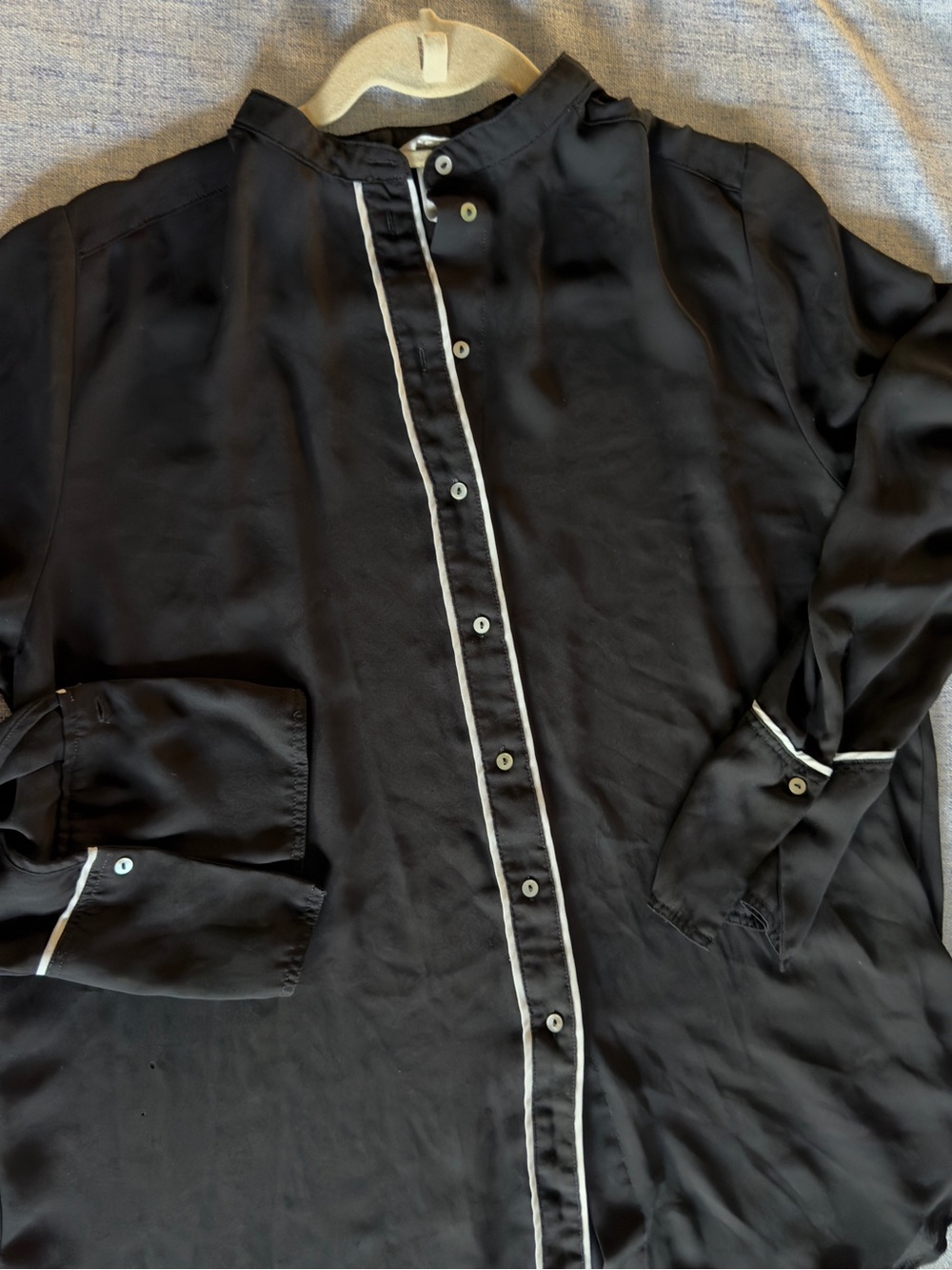 Black Satin Contrast Trim Button-Up Blouse Shirt Size L